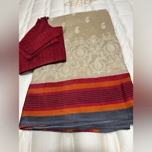 Jute Silk Saree - Beige/Red-Orange